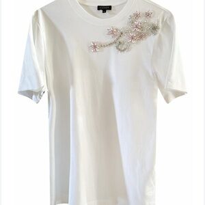 Escada White Tee with Pink Floral crystal embellished Accents